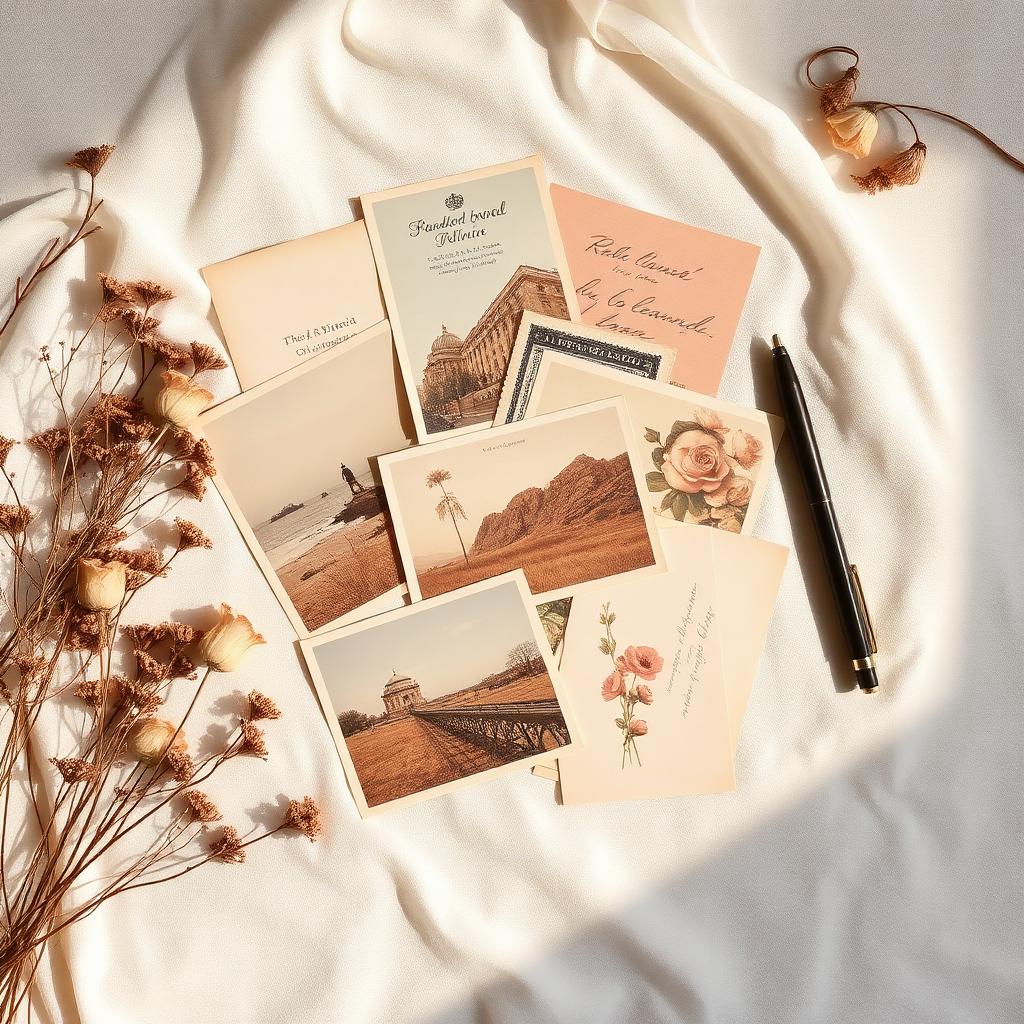 Collection of vintage postcards on ivory linen